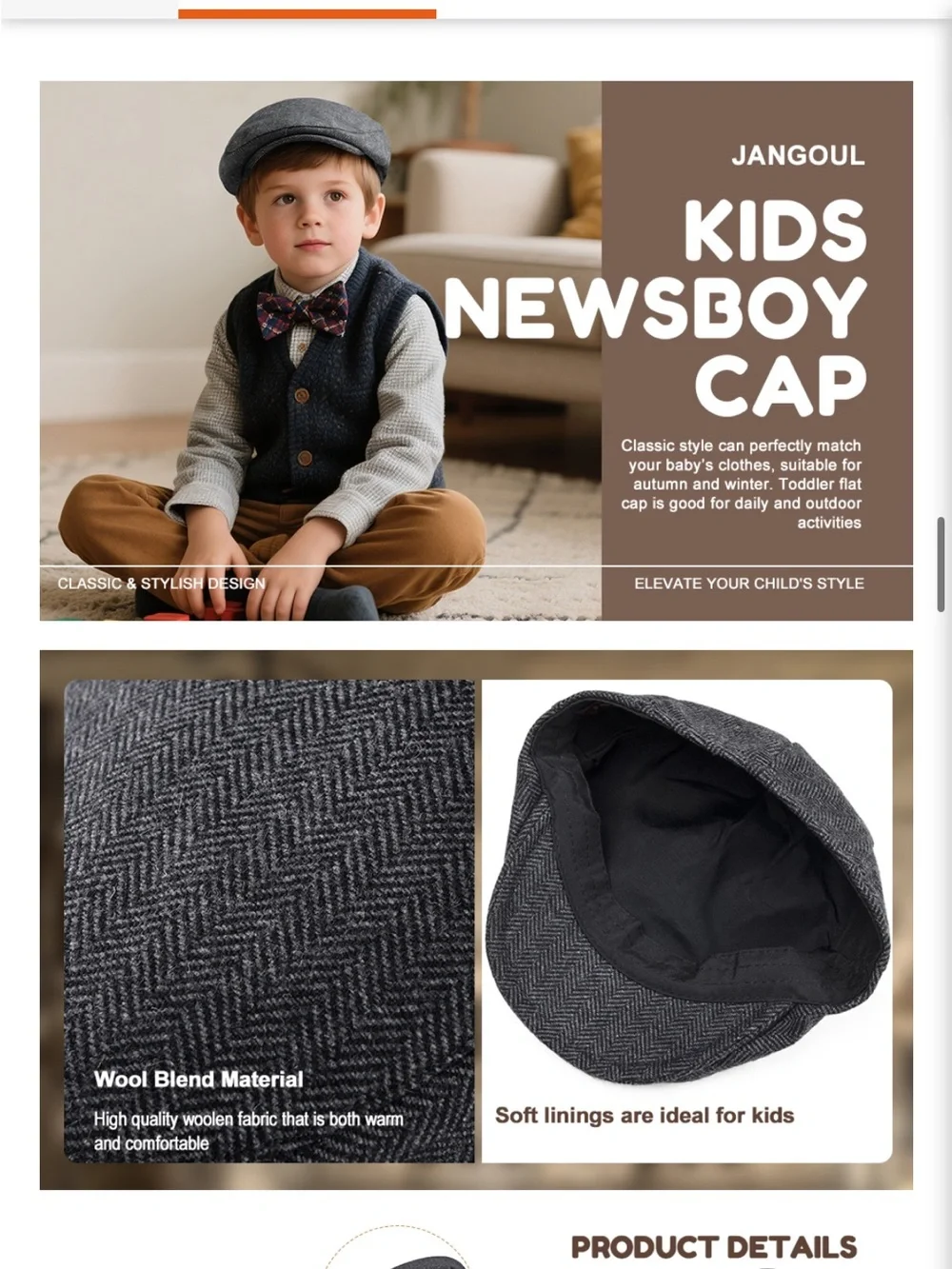 Kids Wool Tweed Newsboy Flat Cap Herringbone Boy Infant Toddler Child Youth Hat